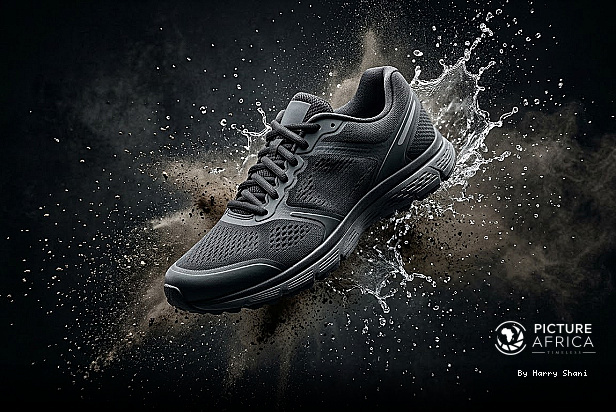 High-Performance Athletic Sneaker in Action with Water Splash and Motion Effects