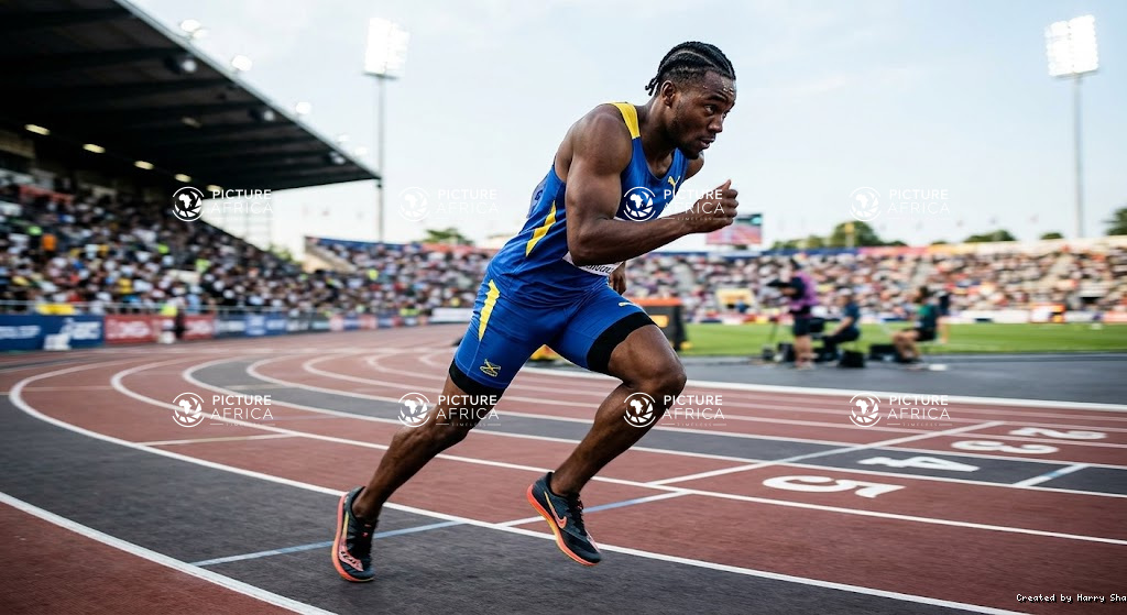 Professional Male Sprinter Explosively Starting Race on Outdoor Track Stadium